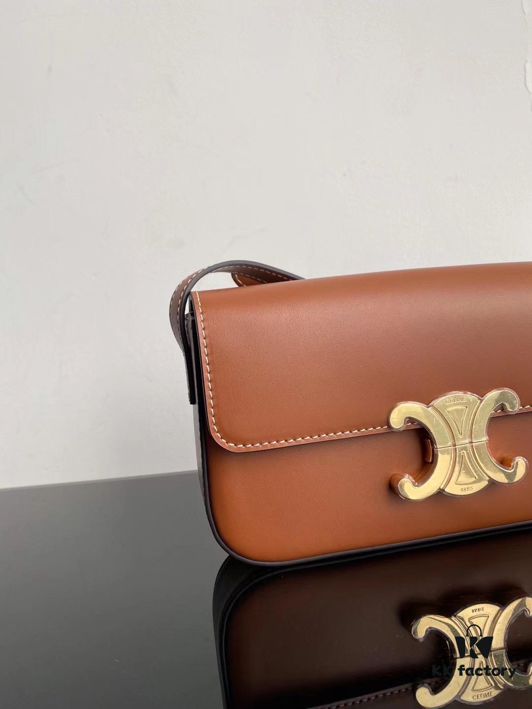 CELINE 2024 Spring/Summer New Arrival TRIOMPHE Logo Embossed Smooth Calfskin Shoulder Bag, Triomphe Armpit Bag with Cowhide Edging, Lambskin Lining, Flat Interior Pocket, Adjustable Leather Shoulder Strap (20cm Length)