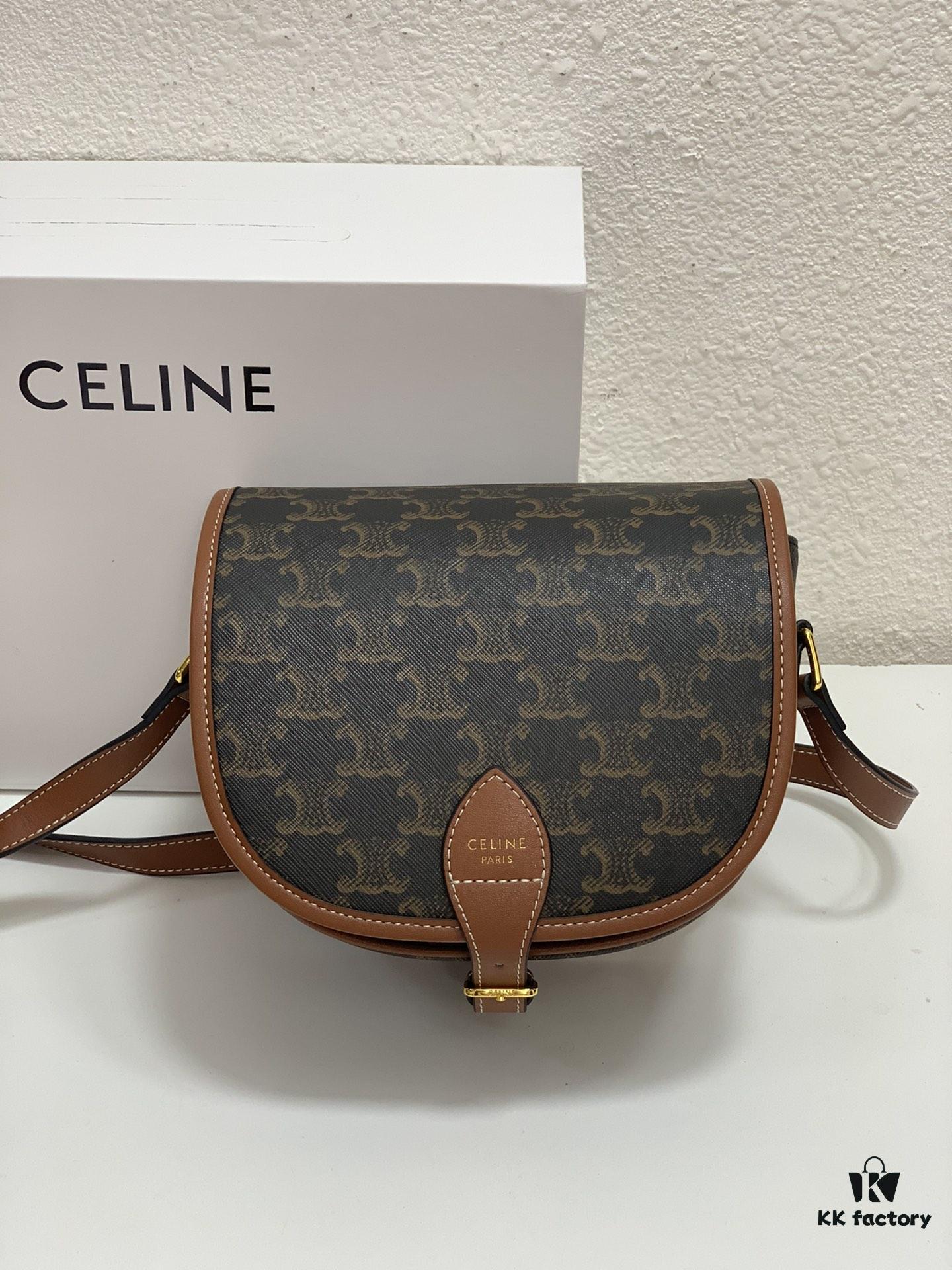CELINE TRIOMPHE FOLCO High-Quality Saddle Bag, Arch-inspired Design, Brown Trim, Cowhide Leather, Dimensions: 18 x 16 x 10 cm
