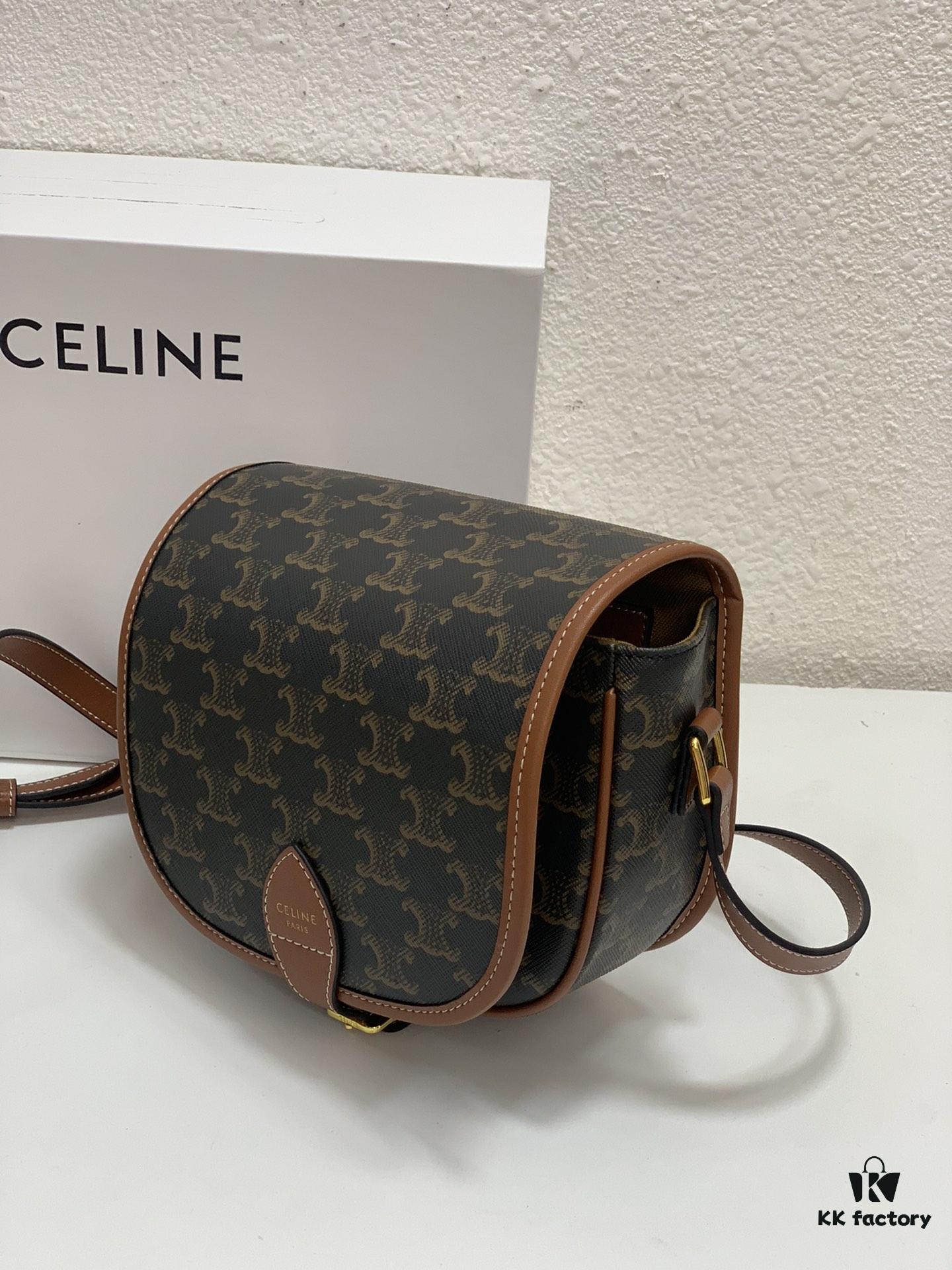 CELINE TRIOMPHE FOLCO High-Quality Saddle Bag, Arch-inspired Design, Brown Trim, Cowhide Leather, Dimensions: 18 x 16 x 10 cm