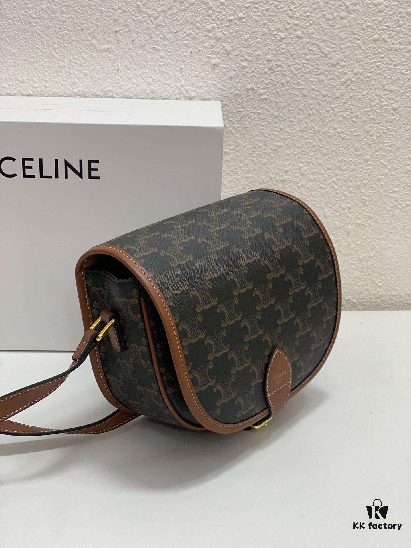 CELINE TRIOMPHE FOLCO High-Quality Saddle Bag, Arch-inspired Design, Brown Trim, Cowhide Leather, Dimensions: 18 x 16 x 10 cm