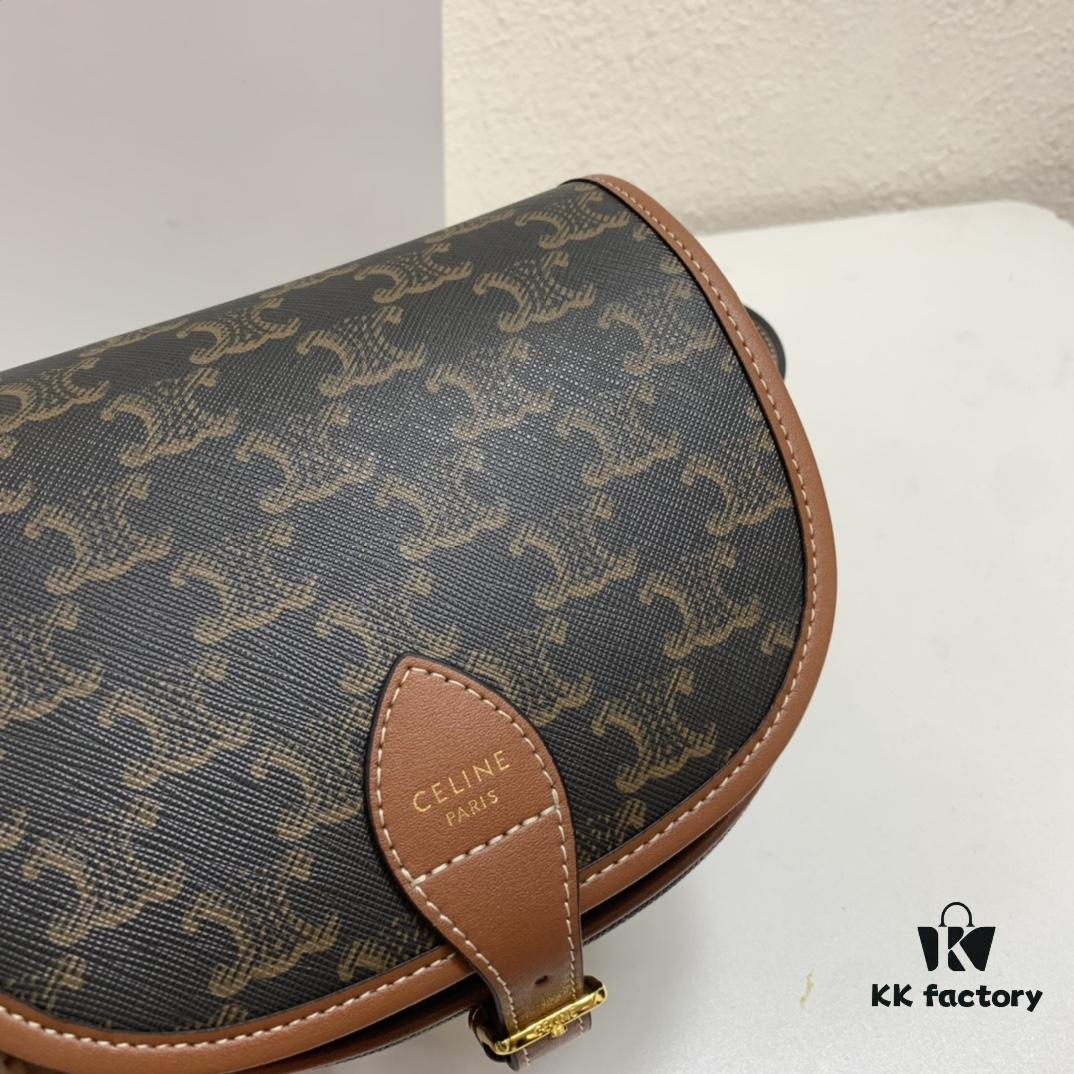 CELINE TRIOMPHE FOLCO High-Quality Saddle Bag, Arch-inspired Design, Brown Trim, Cowhide Leather, Dimensions: 18 x 16 x 10 cm