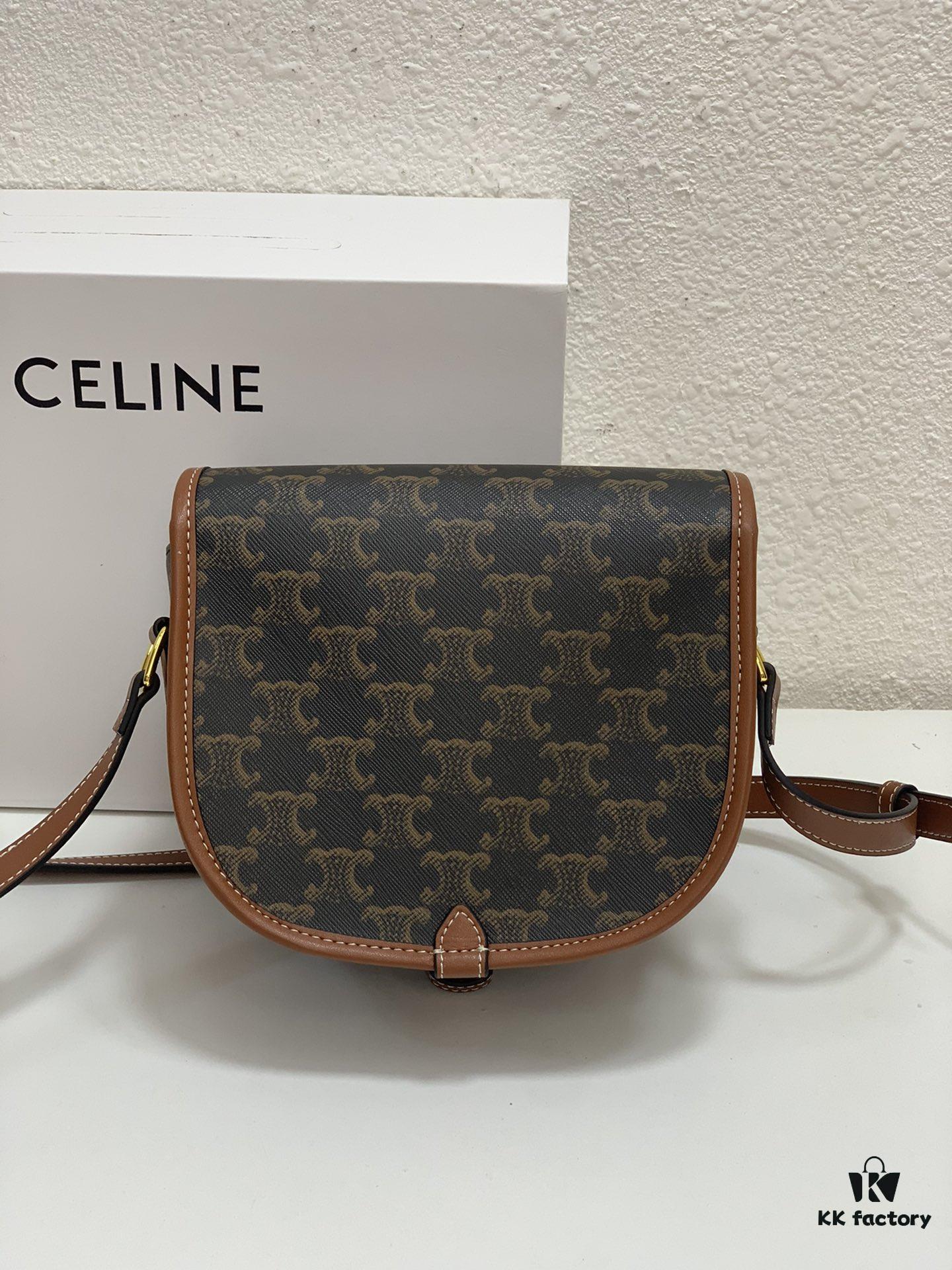 CELINE TRIOMPHE FOLCO High-Quality Saddle Bag, Arch-inspired Design, Brown Trim, Cowhide Leather, Dimensions: 18 x 16 x 10 cm