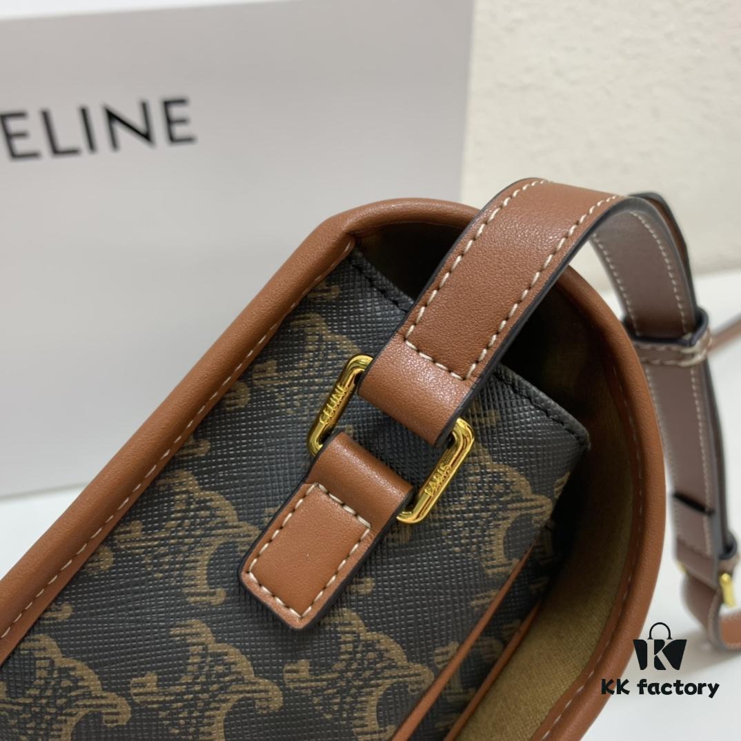CELINE TRIOMPHE FOLCO High-Quality Saddle Bag, Arch-inspired Design, Brown Trim, Cowhide Leather, Dimensions: 18 x 16 x 10 cm