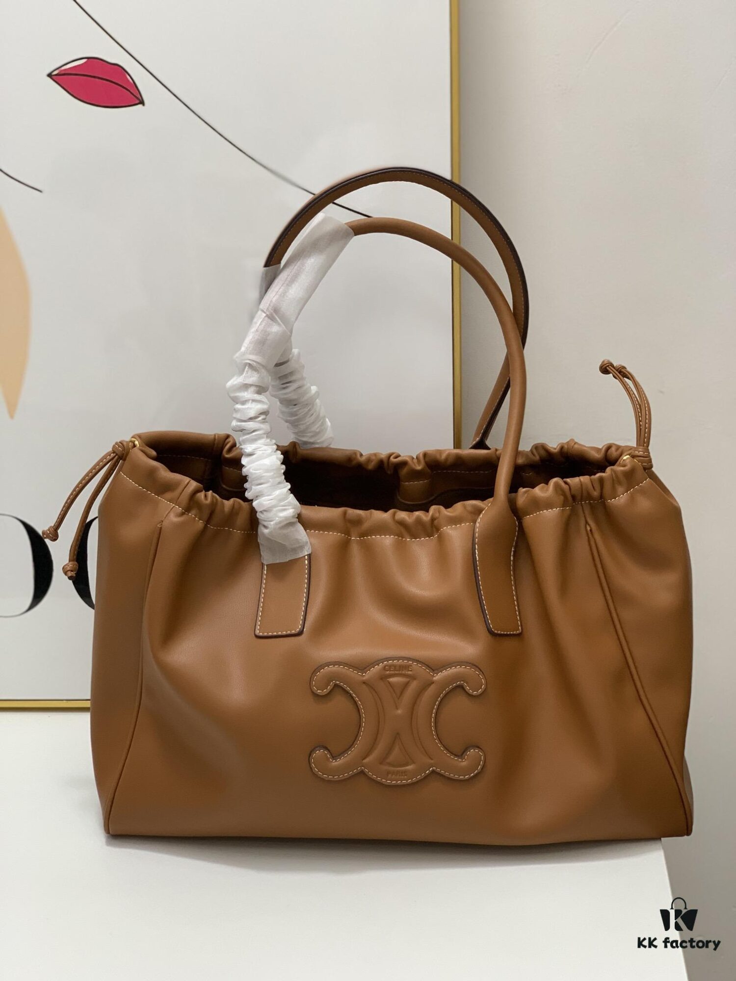 Celine New Arrival Tote Bag, Calfskin Material, Arc de Triomphe Embossed Logo, Drawstring Closure at Opening, Adjustable Size