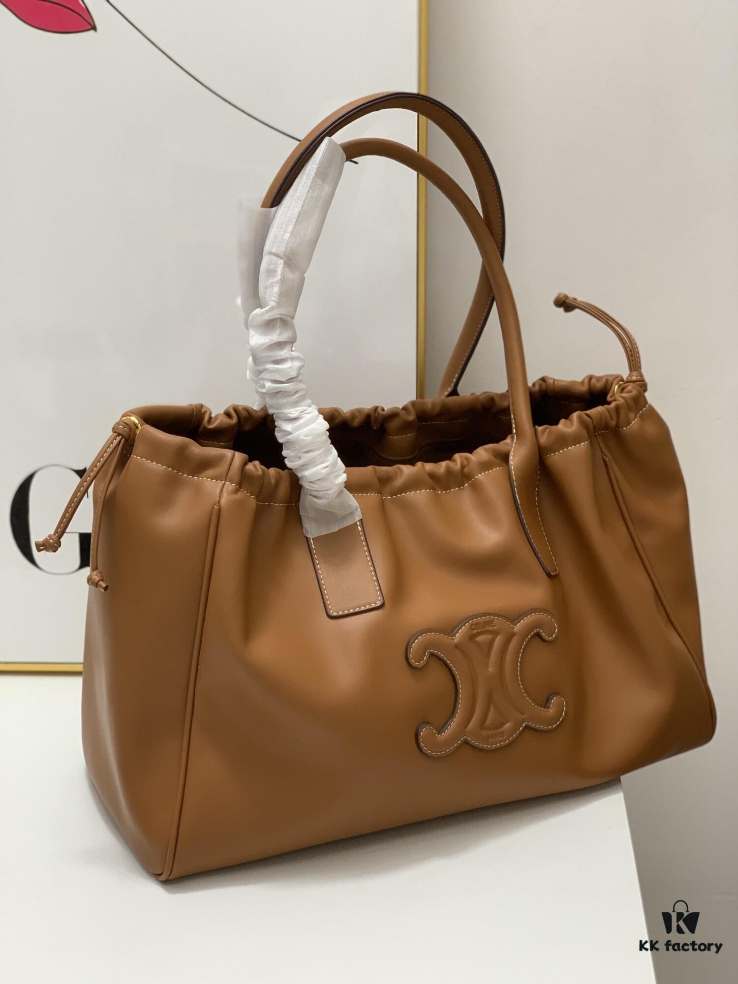 Celine New Arrival Tote Bag, Calfskin Material, Arc de Triomphe Embossed Logo, Drawstring Closure at Opening, Adjustable Size
