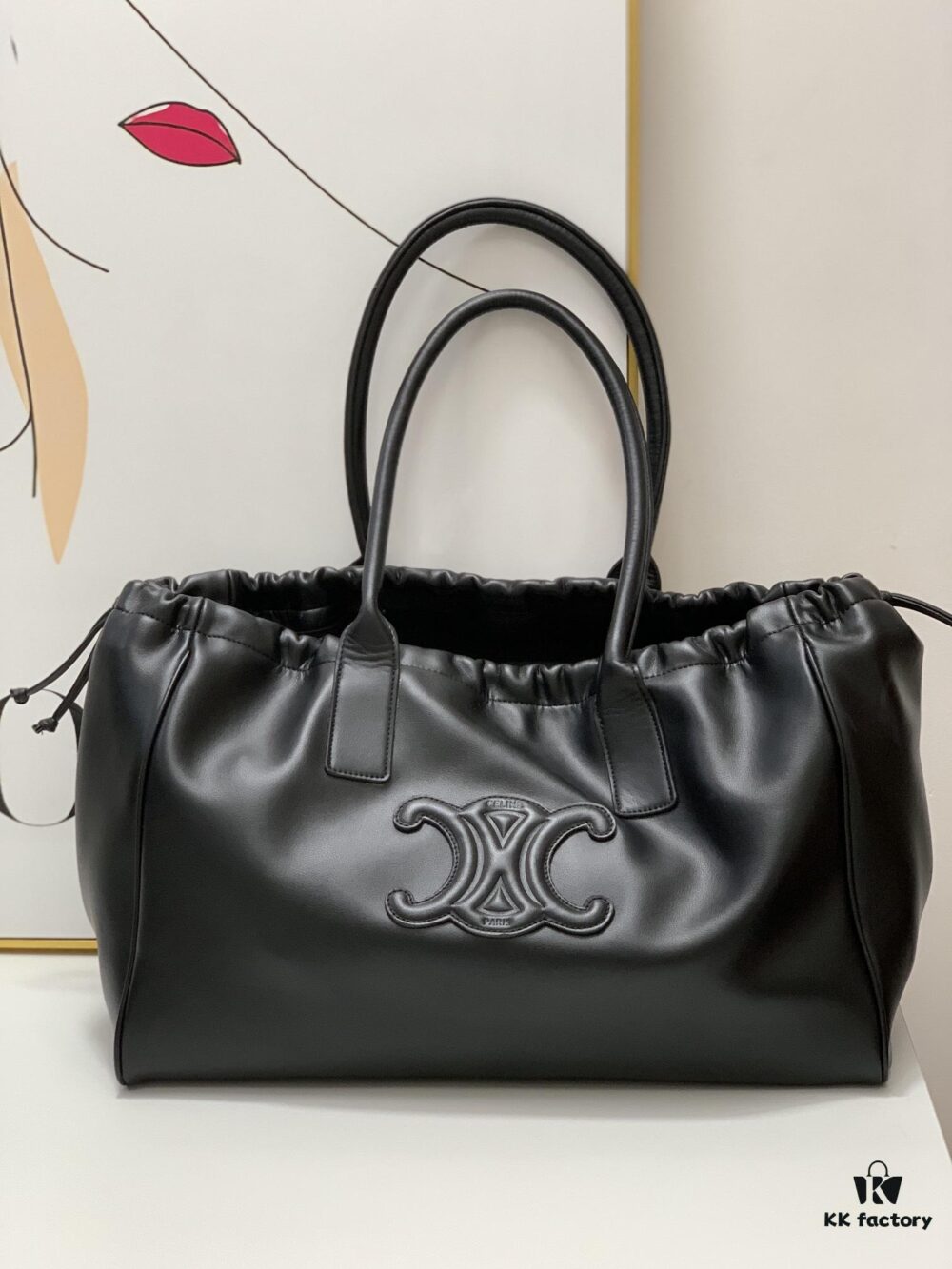 Celine New Arrival Tote Bag, Calfskin Material, Arc de Triomphe Embossed Logo, Drawstring Closure at Opening, Adjustable Size