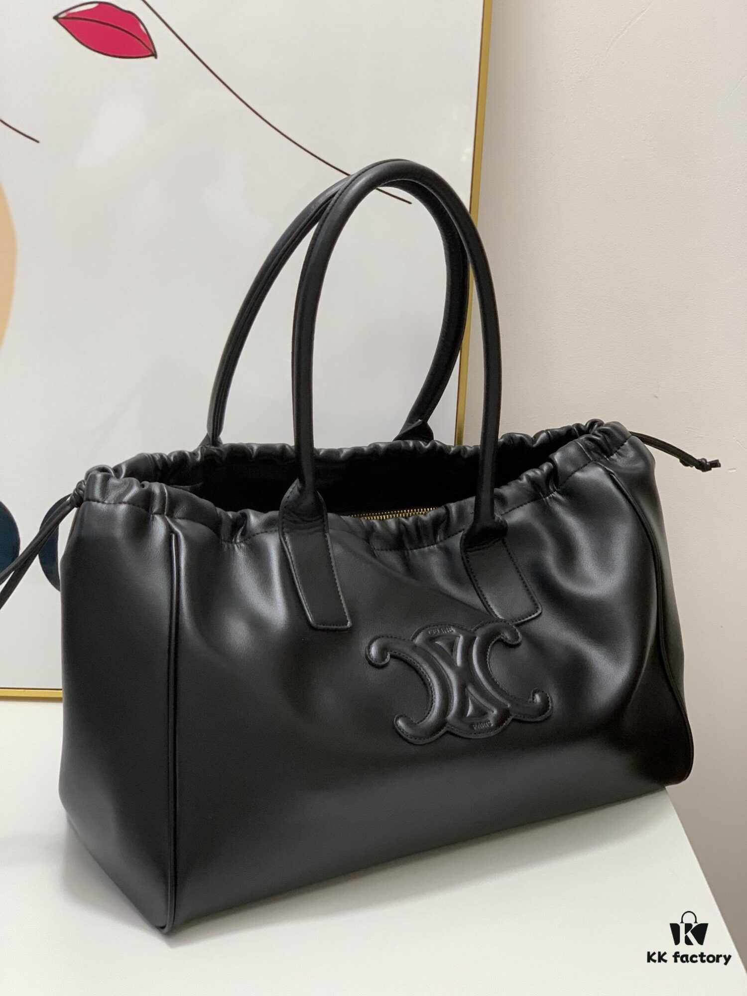 Celine New Arrival Tote Bag, Calfskin Material, Arc de Triomphe Embossed Logo, Drawstring Closure at Opening, Adjustable Size