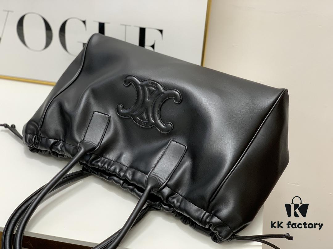 Celine New Arrival Tote Bag, Calfskin Material, Arc de Triomphe Embossed Logo, Drawstring Closure at Opening, Adjustable Size