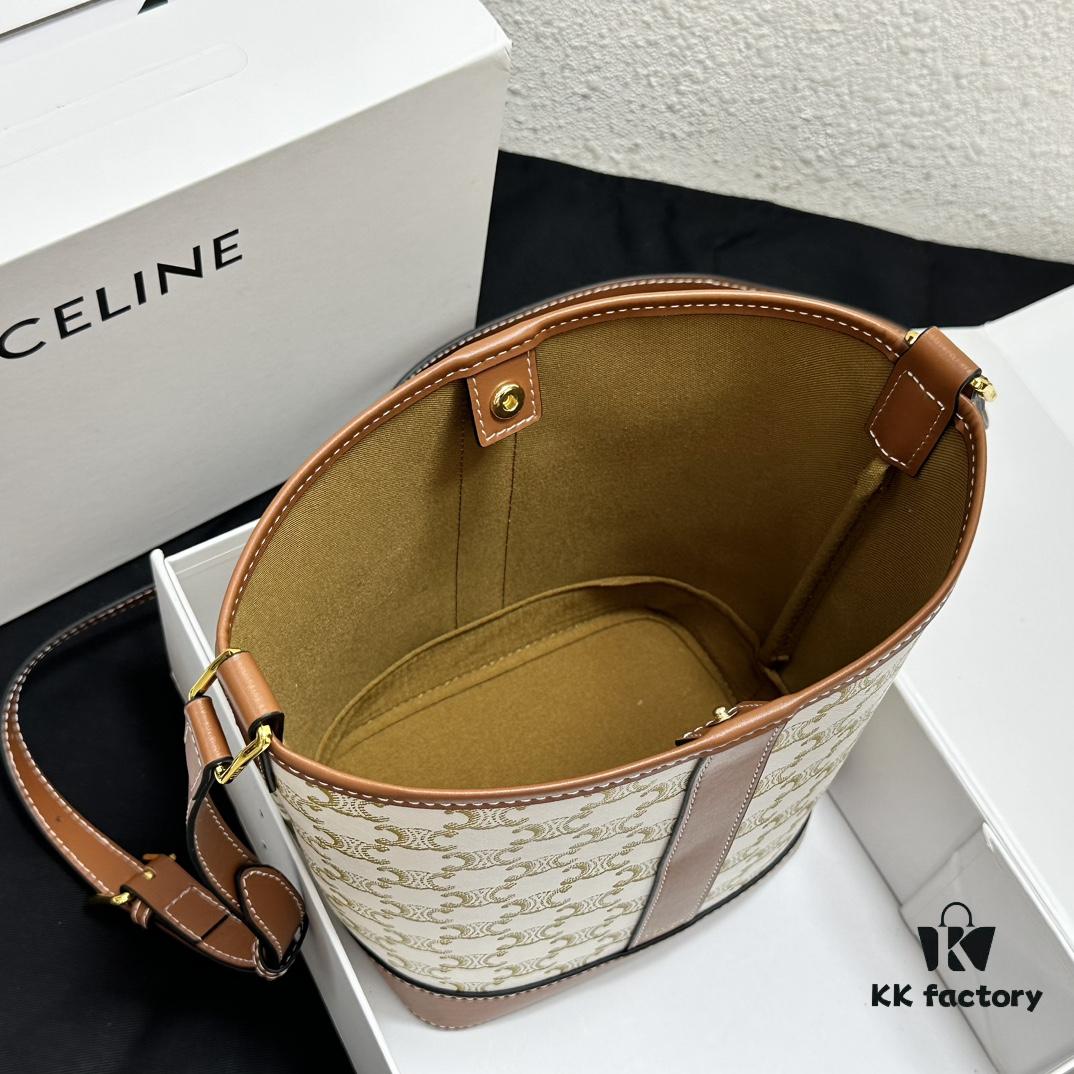 Celine Triomphe Canvas Nano Bucket Bag in New Size, Signature Print, Artificial Leather and Cowhide, Perfect for Winter Wear with Coats
