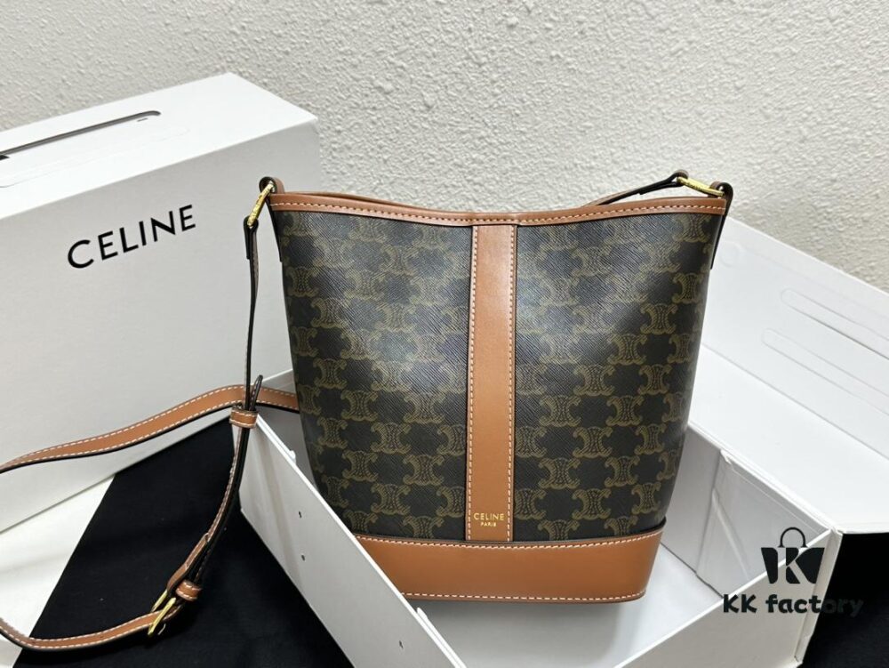 Celine Triomphe Canvas Nano Bucket Bag in Latest Size, Signature Print, Artificial Leather and Cowhide, Perfect for Winter Wear with Coats