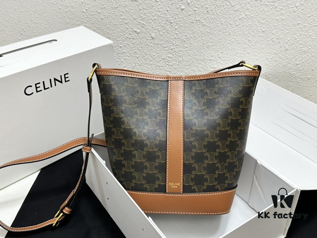 Celine Triomphe Canvas Nano Bucket Bag in Latest Size, Signature Print, Artificial Leather and Cowhide, Perfect for Winter Wear with Coats