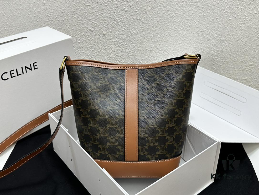 Celine Triomphe Canvas Nano Bucket Bag in Latest Size, Signature Print, Artificial Leather and Cowhide, Perfect for Winter Wear with Coats