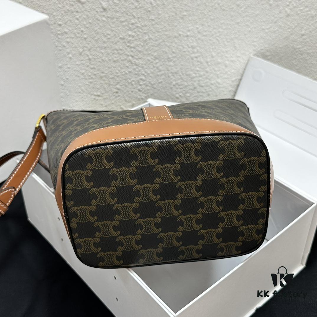 Celine Triomphe Canvas Nano Bucket Bag in Latest Size, Signature Print, Artificial Leather and Cowhide, Perfect for Winter Wear with Coats