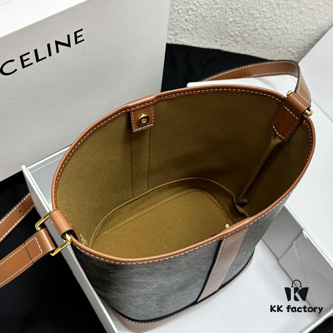 Celine Triomphe Canvas Nano Bucket Bag in Latest Size, Signature Print, Artificial Leather and Cowhide, Perfect for Winter Wear with Coats