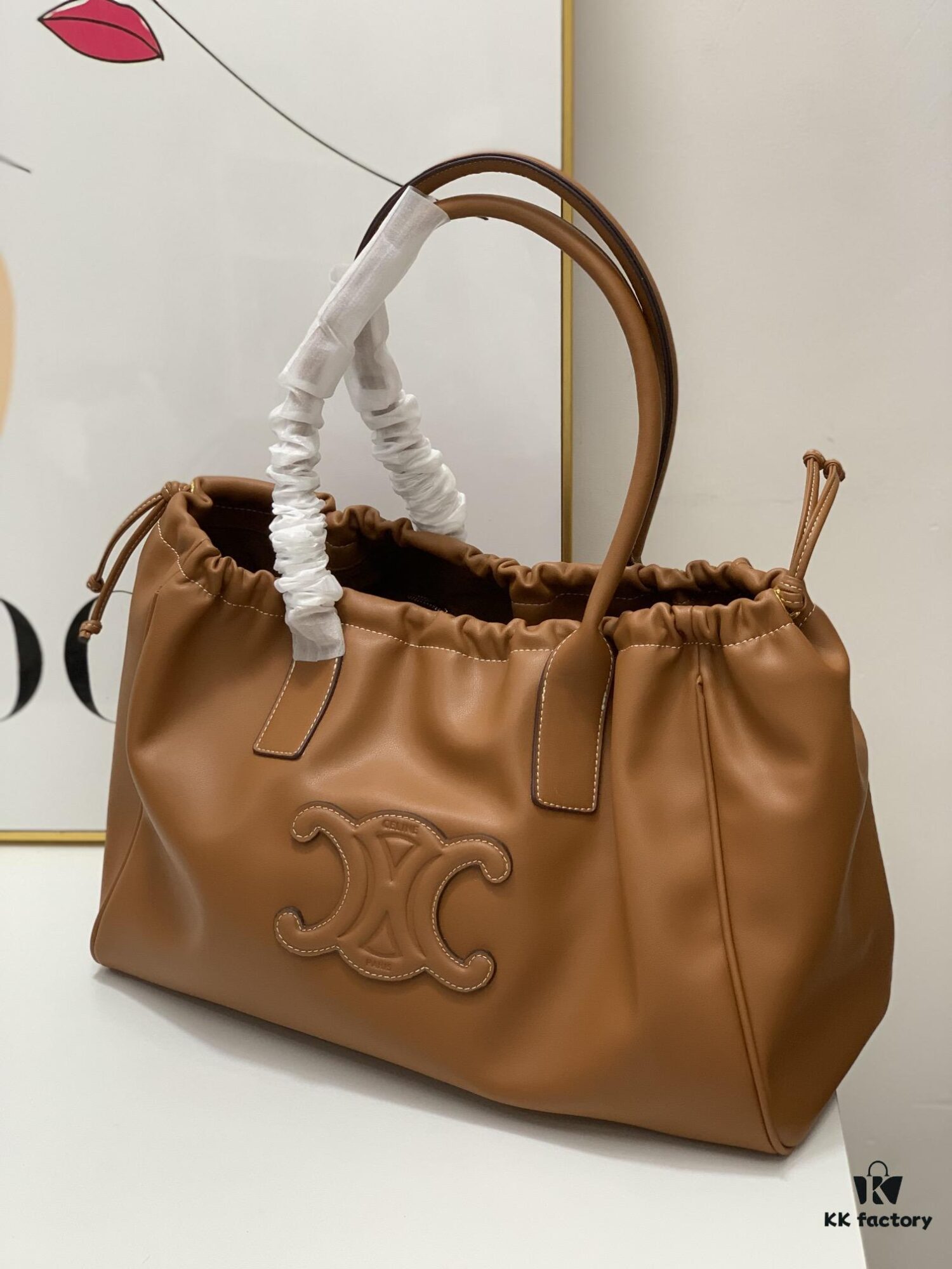 Celine New Arrival Tote Bag, Calfskin Material, Arc de Triomphe Embossed Logo, Drawstring Closure at Opening, Adjustable Size