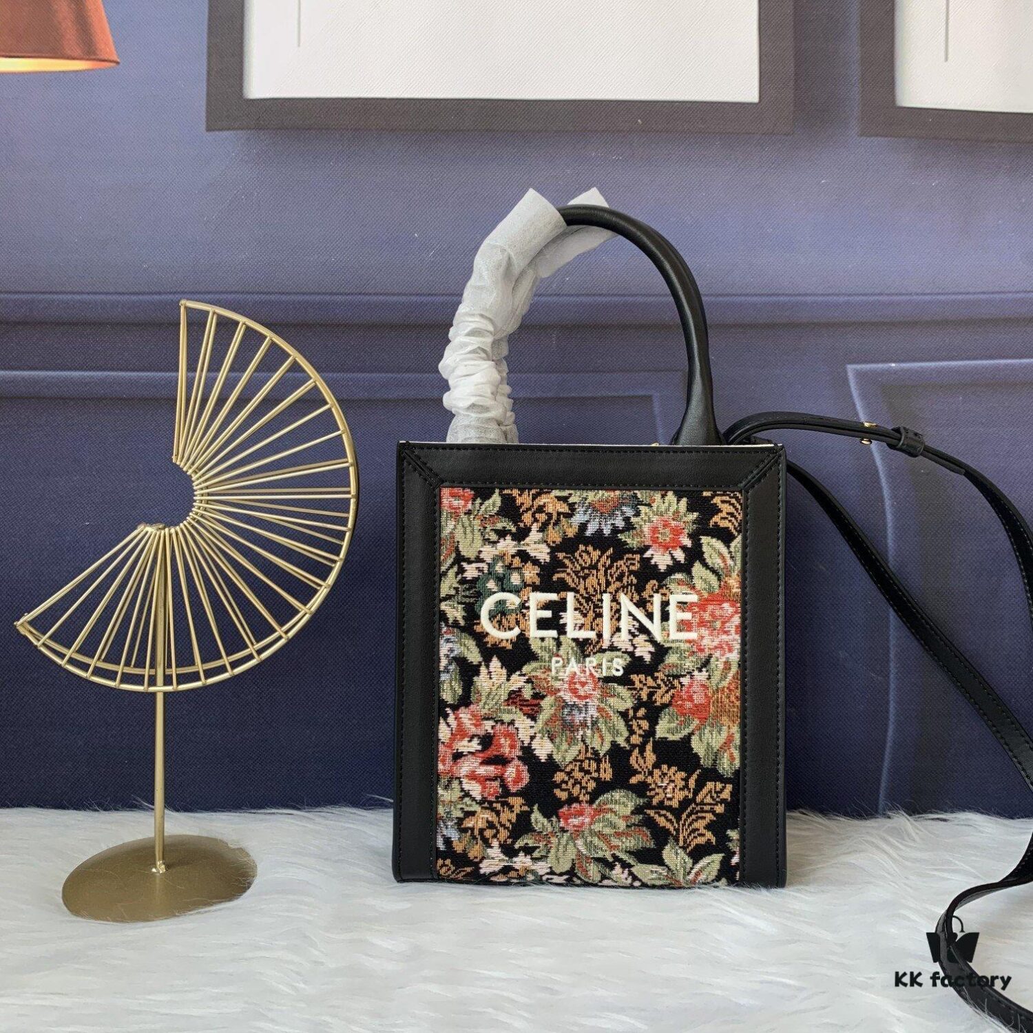 Mini CELINE Print Synthetic Leather and Cowhide Vertical Handbag in Fabric Design C194372 with Black Accents, Adjustable and Removable Leather Shoulder Strap (50cm)