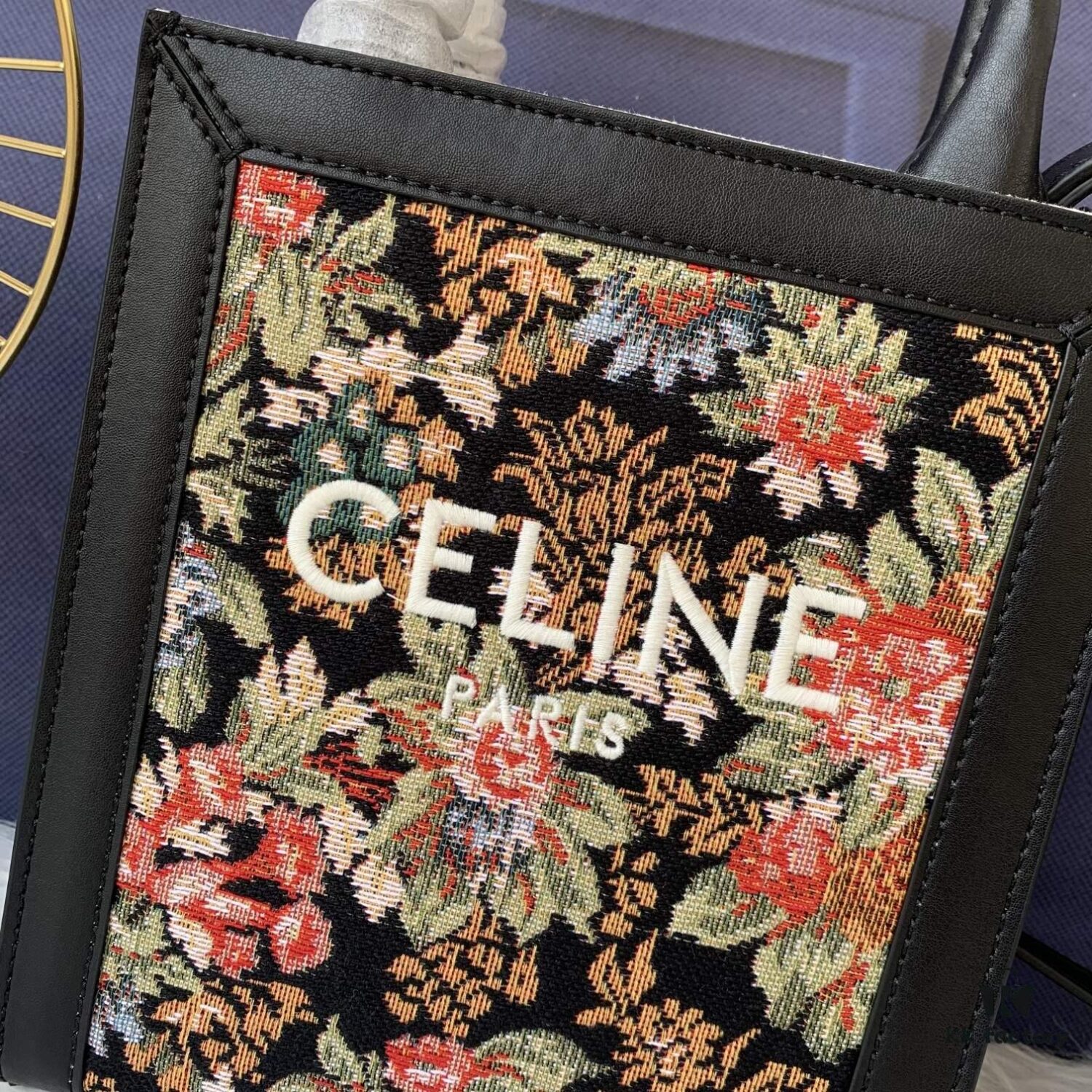 Mini CELINE Print Synthetic Leather and Cowhide Vertical Handbag in Fabric Design C194372 with Black Accents, Adjustable and Removable Leather Shoulder Strap (50cm)