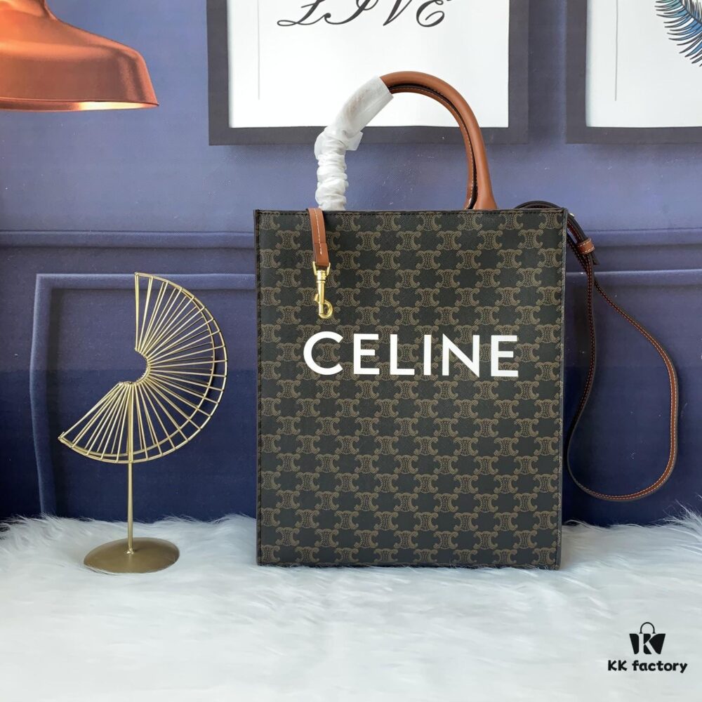 Model C192082 Vintage Pattern, Medium-Sized CELINE-Printed Synthetic Leather and Cowhide Vertical Handbag with Adjustable Detachable Leather Shoulder Strap (50cm), Dimensions: 32cm x 29cm x 8cm