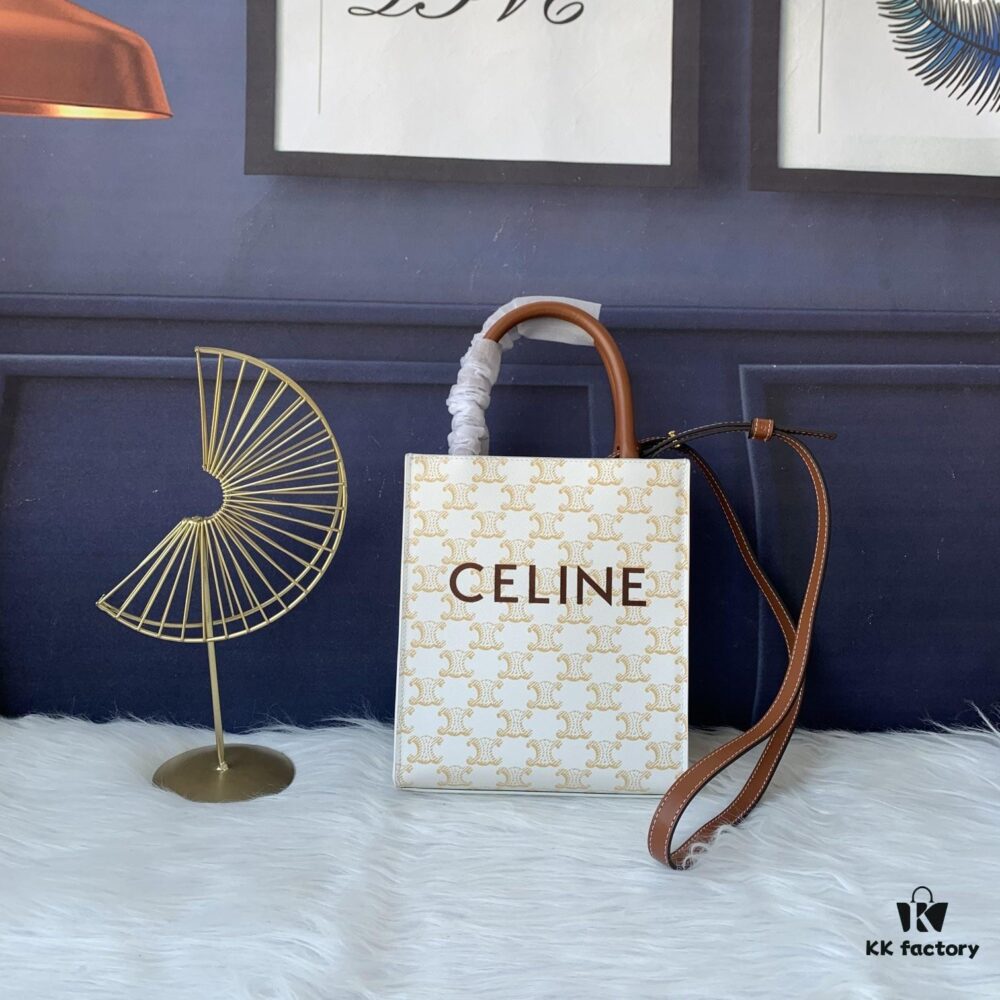 Style No. C192089 Mini Apricot Small, Vertical Handbag in Soft Calfskin with Mini CELINE Print, Adjustable and Detachable Leather Shoulder Strap (50cm), Dimensions: 17cm x 21cm x 4cm