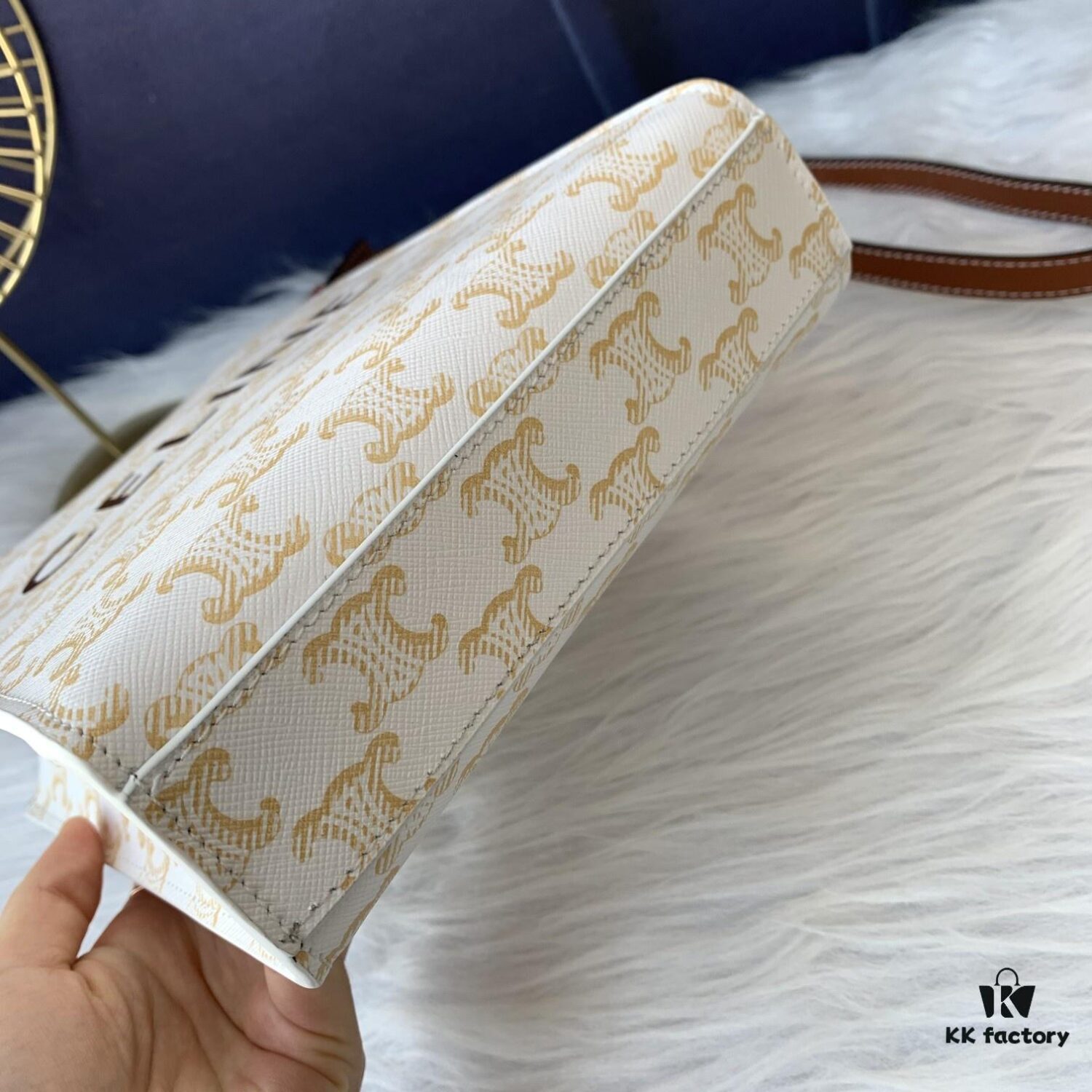 Style No. C192089 Mini Apricot Small, Vertical Handbag in Soft Calfskin with Mini CELINE Print, Adjustable and Detachable Leather Shoulder Strap (50cm), Dimensions: 17cm x 21cm x 4cm