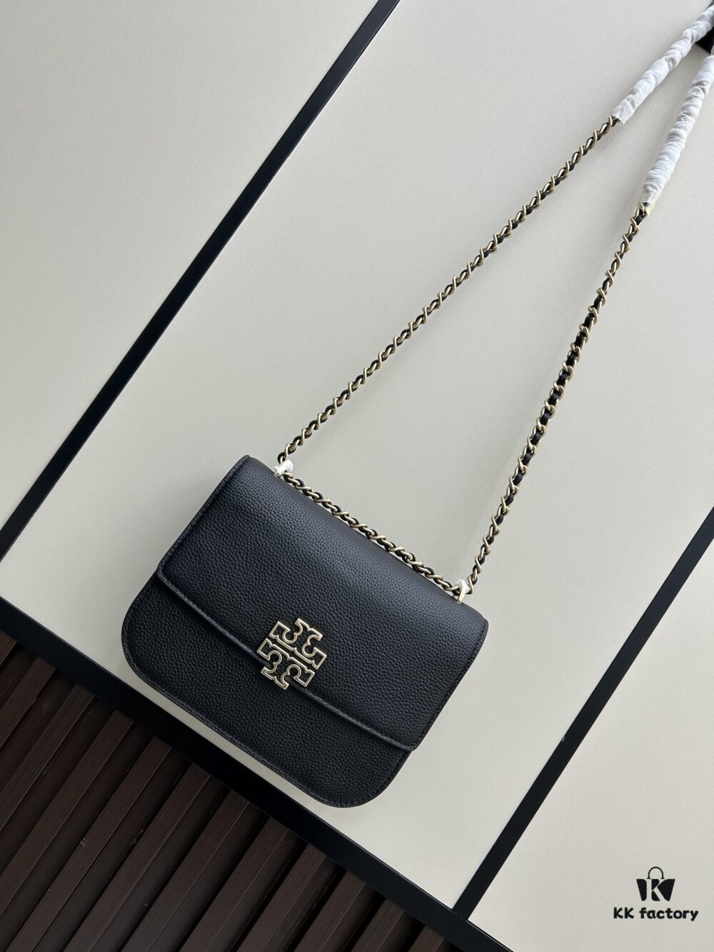 New Tory Burch Britten Medium Crossbody Chain Bag for Women, Black and Beige, In Stock, Size 22×8×16CM