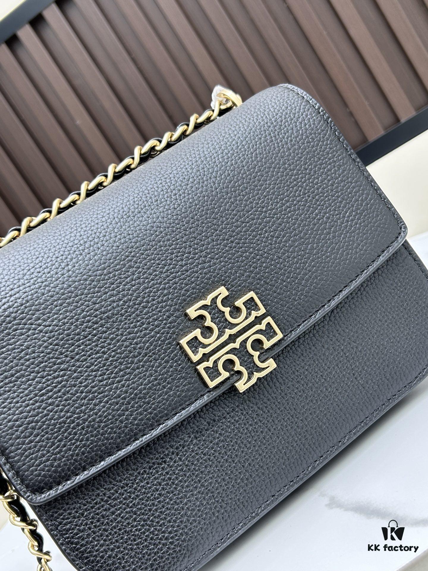 New Tory Burch Britten Medium Crossbody Chain Shoulder Bag for Women, Black and Beige, In Stock, Size 22×8×16CM