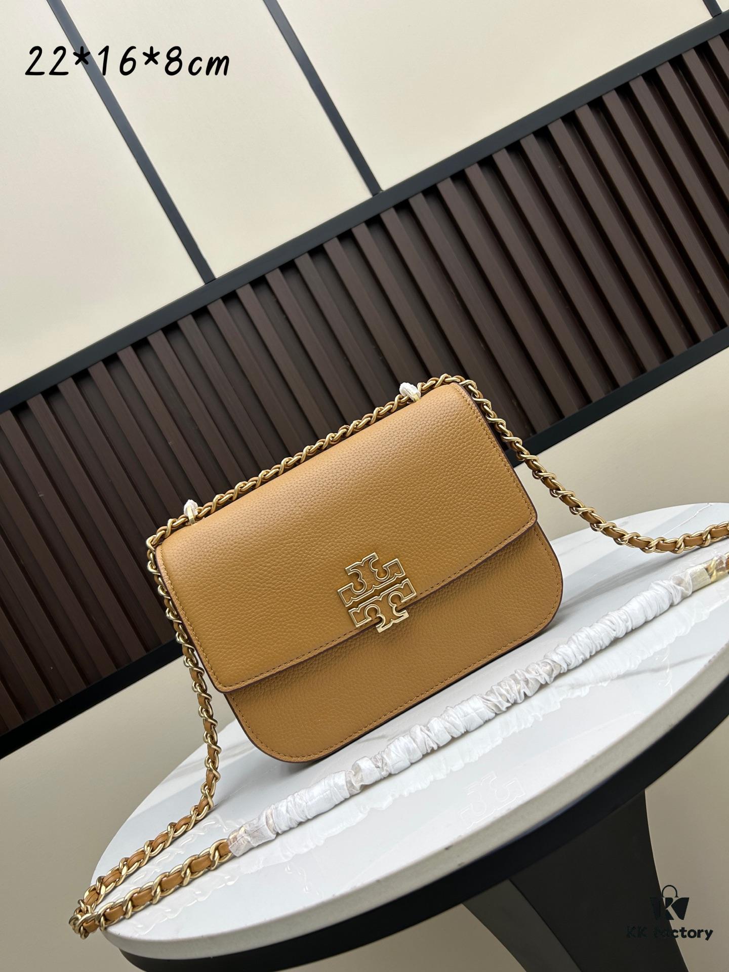 New Tory Burch Britten Women's Chain Shoulder Crossbody Bag, Medium Size, Black and Apricot Color, In Stock, Dimensions 22×8×16CM