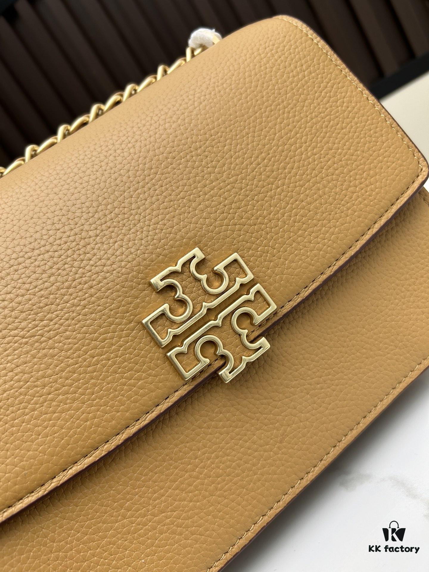 New Tory Burch Britten Women's Chain Shoulder Crossbody Bag, Medium Size, Black and Apricot Color, In Stock, Dimensions 22×8×16CM