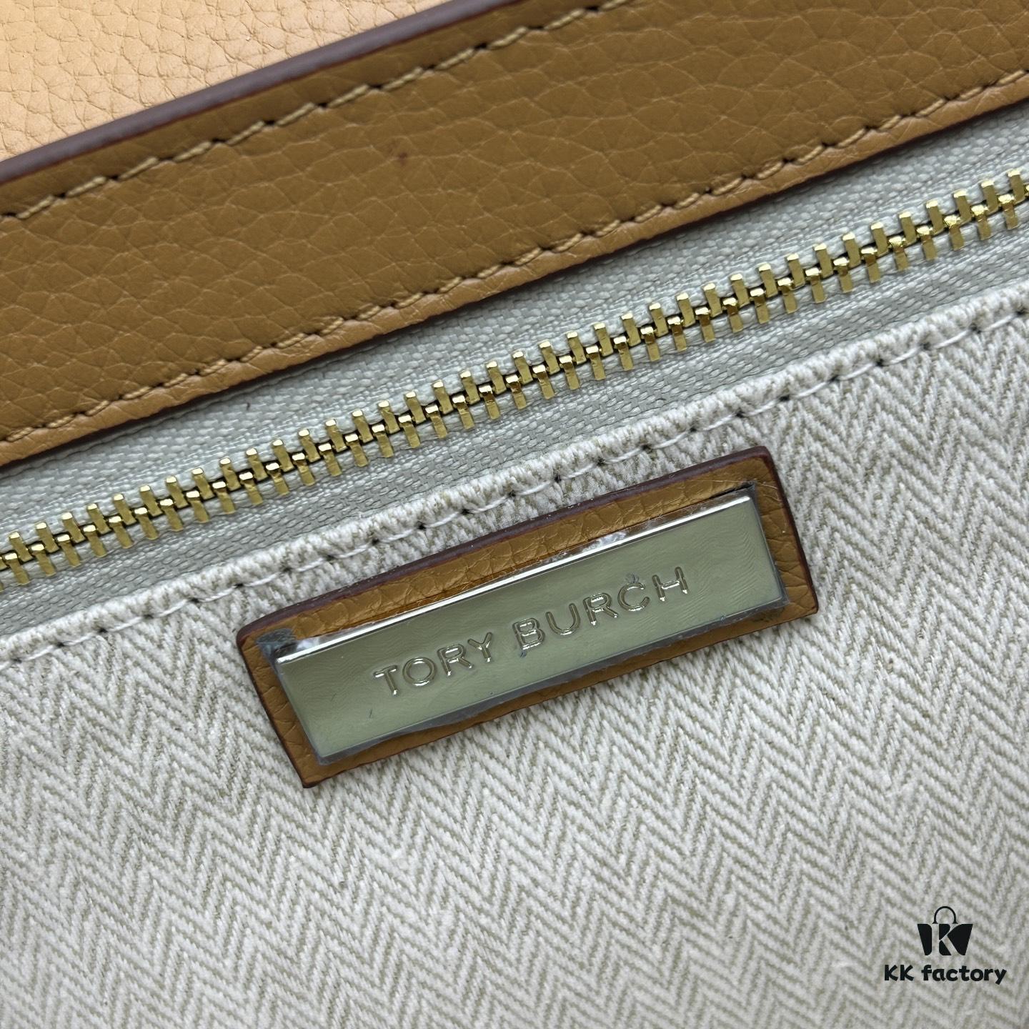 New Tory Burch Britten Women's Chain Shoulder Crossbody Bag, Medium Size, Black and Apricot Color, In Stock, Dimensions 22×8×16CM