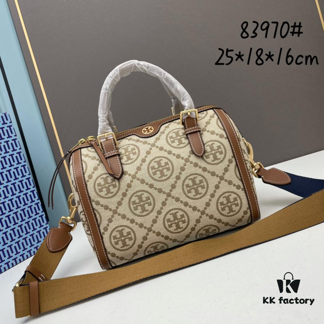 Large TORY BURCH T Monogram Mini Jacquard Barrel Bag in Hazelnut Brown