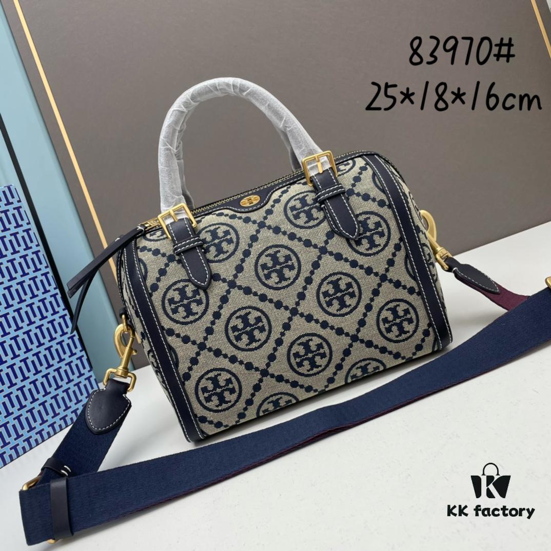 Large TORY BURCH T Monogram Mini Jacquard Barrel Bag in Hazelnut Brown