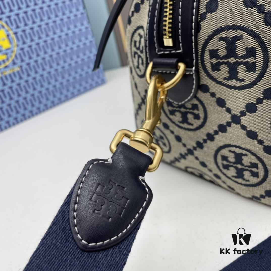 Large TORY BURCH T Monogram Mini Jacquard Barrel Bag in Hazelnut Brown