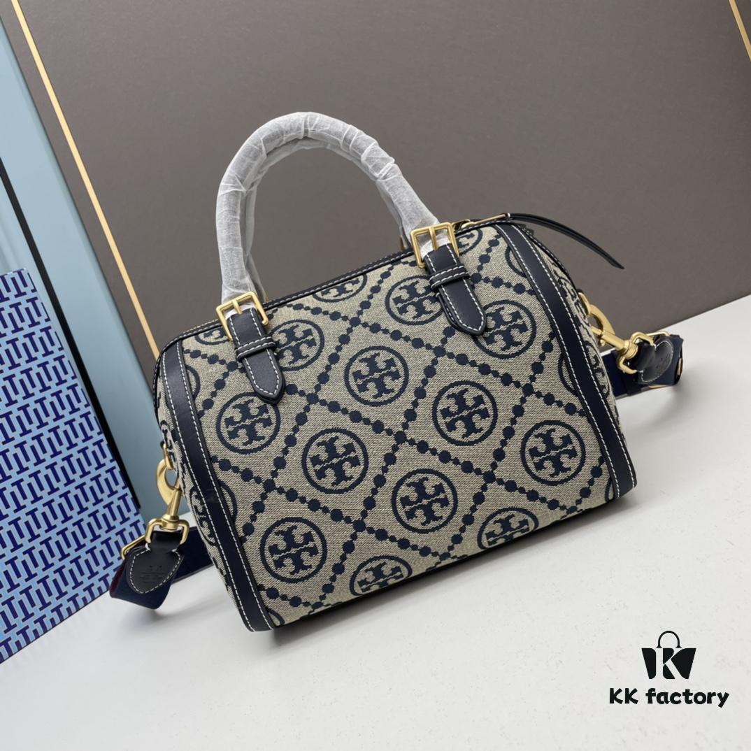 Large TORY BURCH T Monogram Mini Jacquard Barrel Bag in Hazelnut Brown