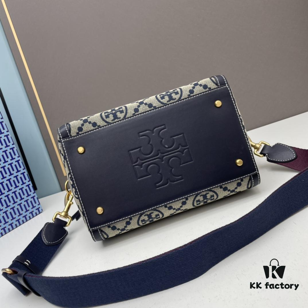 Large TORY BURCH T Monogram Mini Jacquard Barrel Bag in Hazelnut Brown