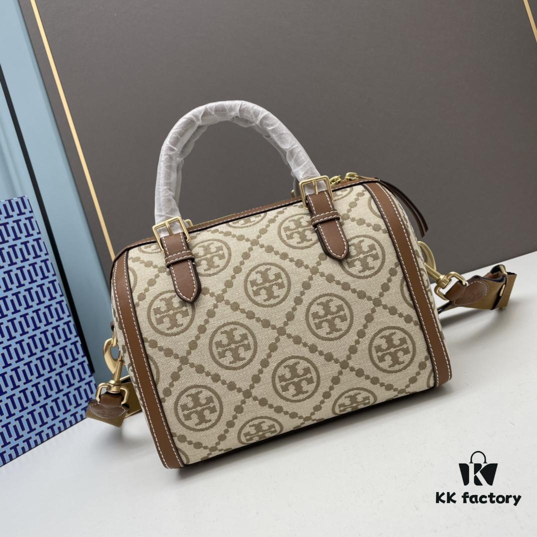 Large TORY BURCH T Monogram Mini Jacquard Barrel Bag in Hazelnut Brown