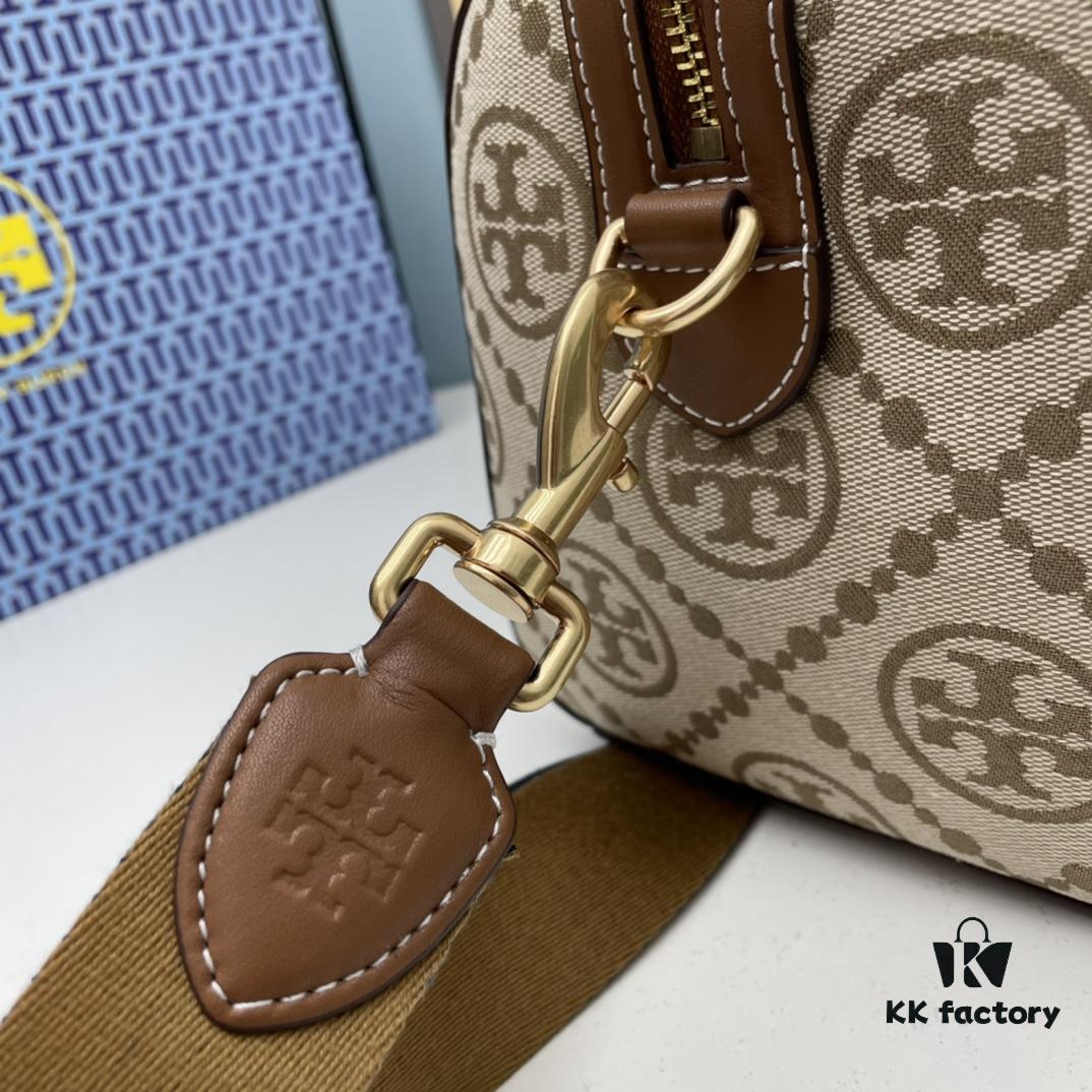 Large TORY BURCH T Monogram Mini Jacquard Barrel Bag in Hazelnut Brown