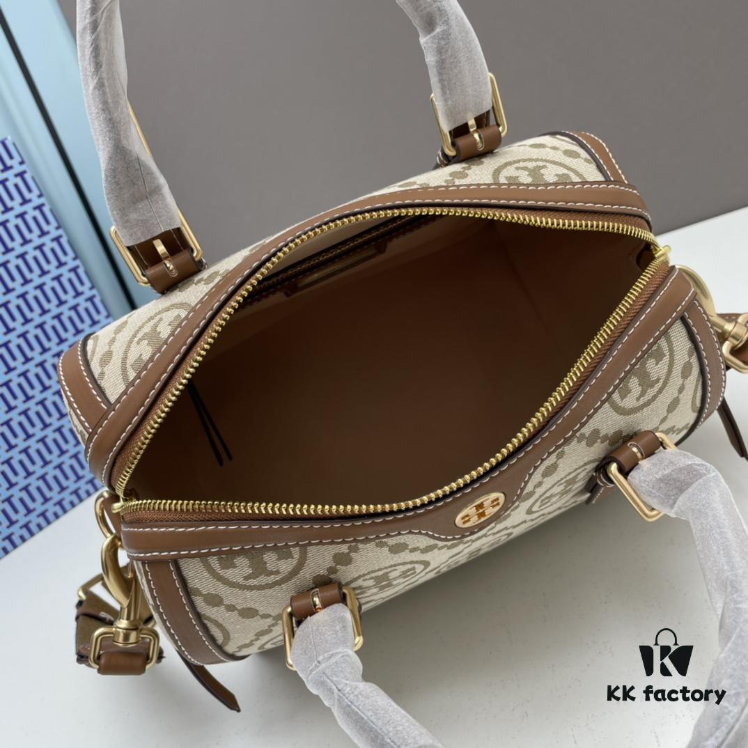 Large TORY BURCH T Monogram Mini Jacquard Barrel Bag in Hazelnut Brown