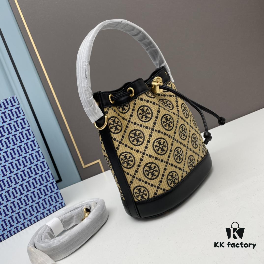 Large TORY BURCH Monogram Drawstring Bucket Bag, Navy Blue Canvas Fabric with Vintage Jacquard Detail, 2021 Summer Collection