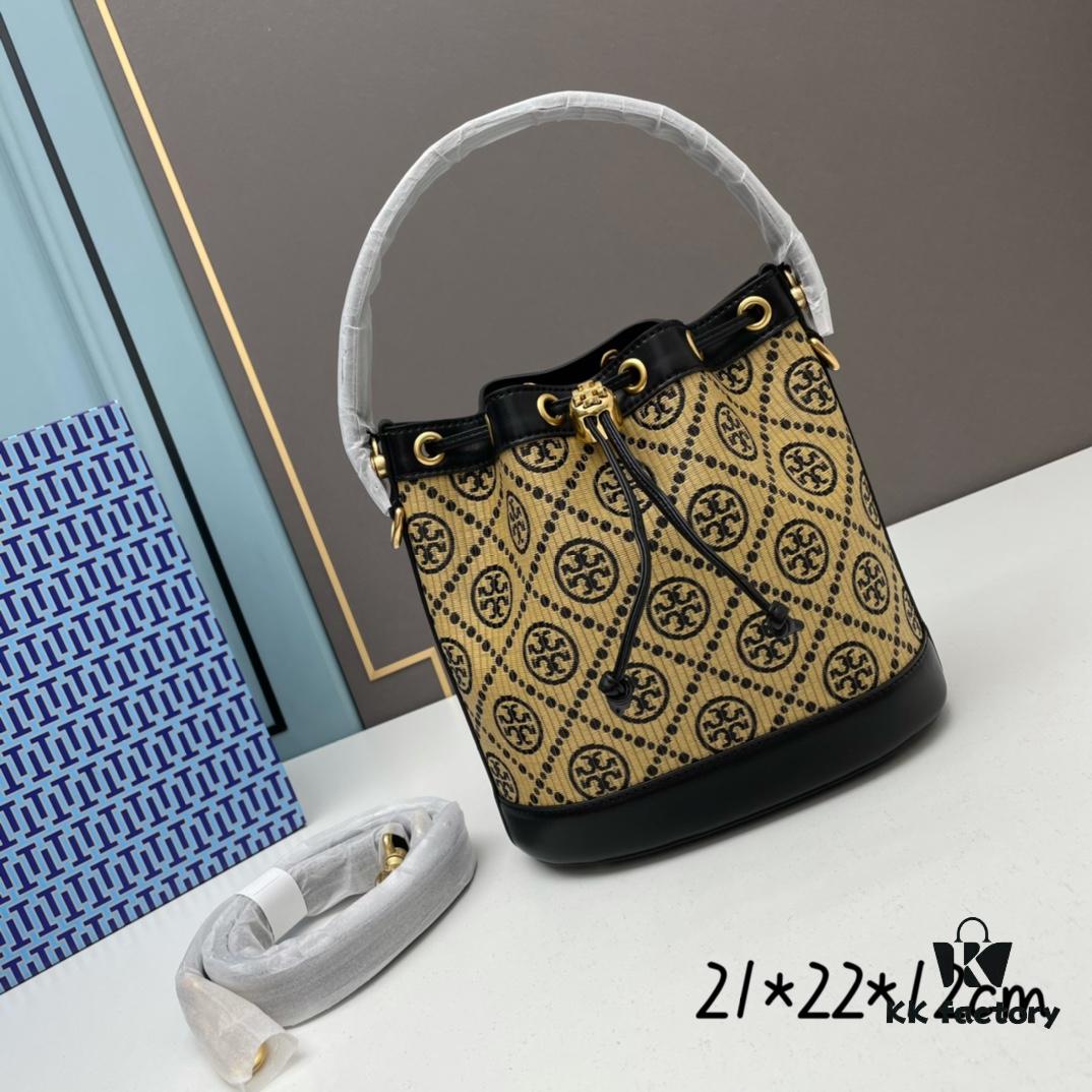 Large TORY BURCH Monogram Drawstring Bucket Bag, Navy Blue Canvas Fabric with Vintage Jacquard Detail, 2021 Summer Collection