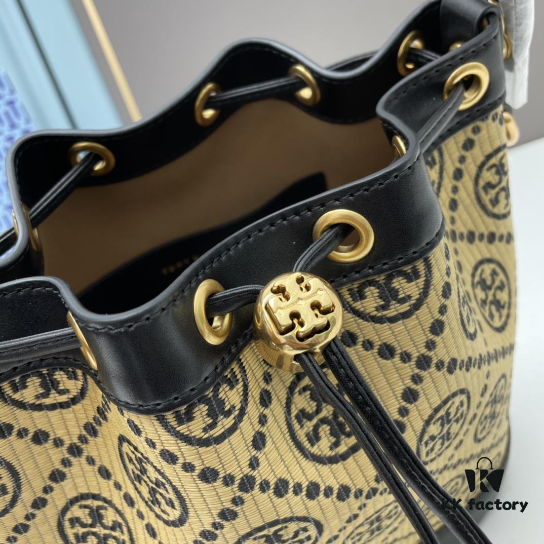 Large TORY BURCH Monogram Drawstring Bucket Bag, Navy Blue Canvas Fabric with Vintage Jacquard Detail, 2021 Summer Collection