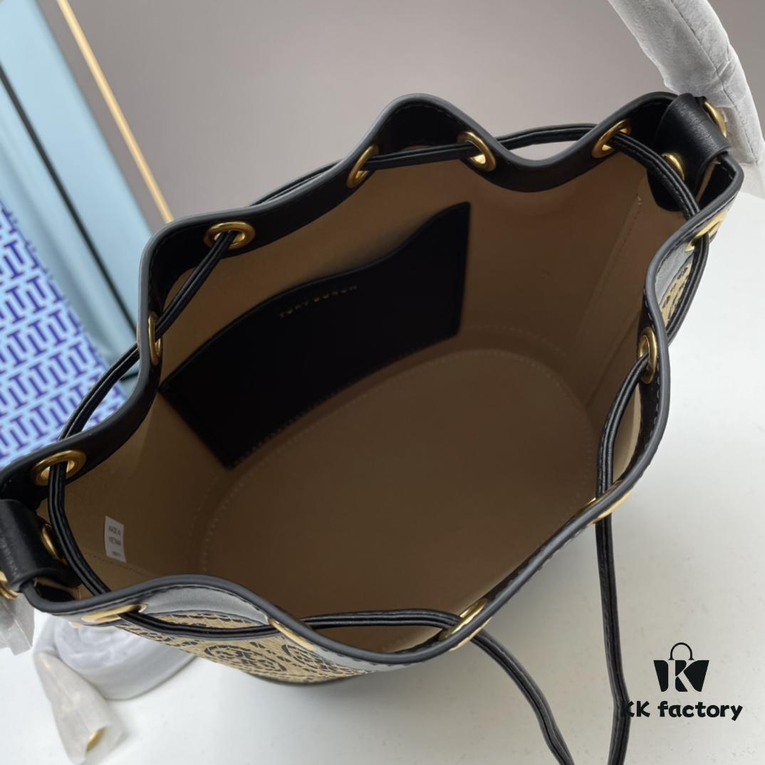 Large TORY BURCH Monogram Drawstring Bucket Bag, Navy Blue Canvas Fabric with Vintage Jacquard Detail, 2021 Summer Collection