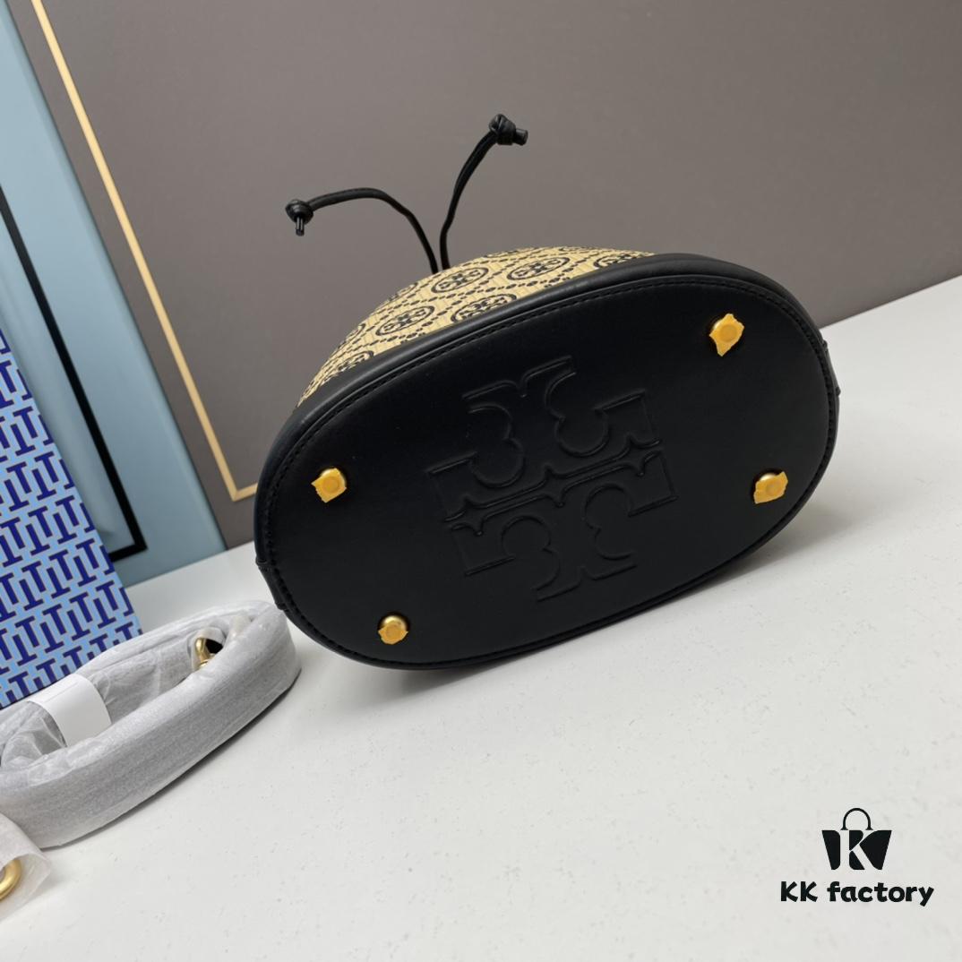 Large TORY BURCH Monogram Drawstring Bucket Bag, Navy Blue Canvas Fabric with Vintage Jacquard Detail, 2021 Summer Collection