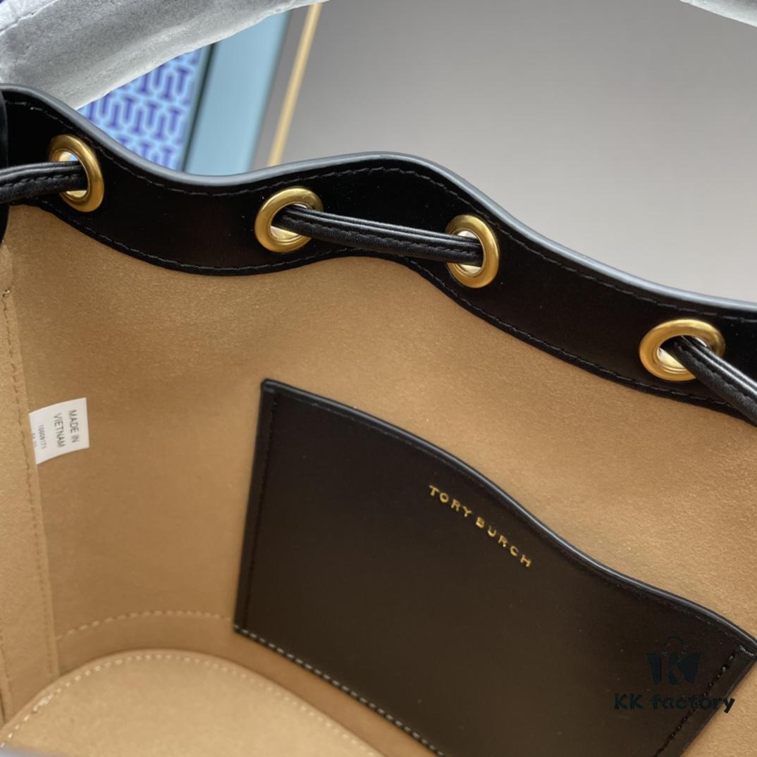 Large TORY BURCH Monogram Drawstring Bucket Bag, Navy Blue Canvas Fabric with Vintage Jacquard Detail, 2021 Summer Collection