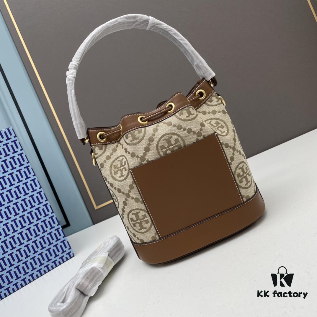 Large TORY BURCH Monogram Drawstring Bucket Bag, Navy Blue Canvas with Vintage Jacquard Trim – 2021 Summer Collection