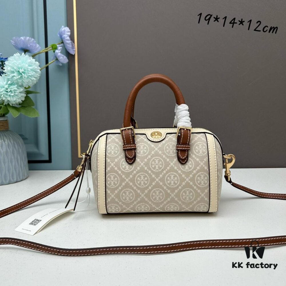 Tory Burch T Monogram Mini Jacquard Barrel Bag in Hazelnut Brown