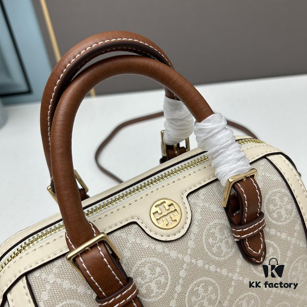 Tory Burch T Monogram Mini Jacquard Barrel Bag in Hazelnut Brown
