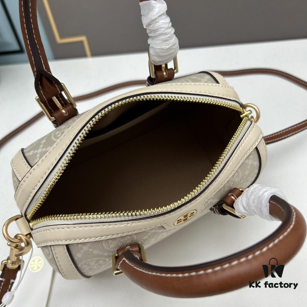 Tory Burch T Monogram Mini Jacquard Barrel Bag in Hazelnut Brown