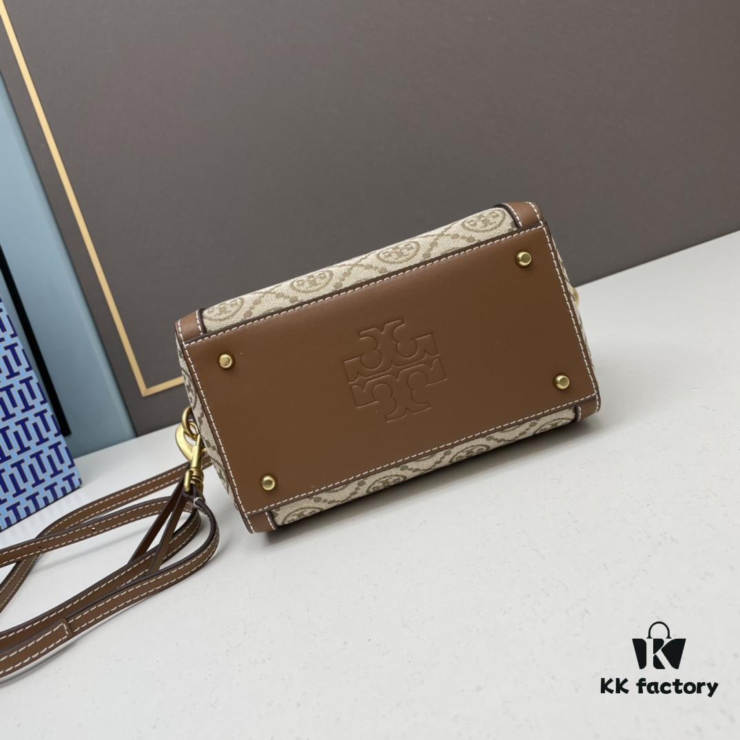 Tory Burch T Monogram Mini Jacquard Barrel Bag in Small, Hazel Brown