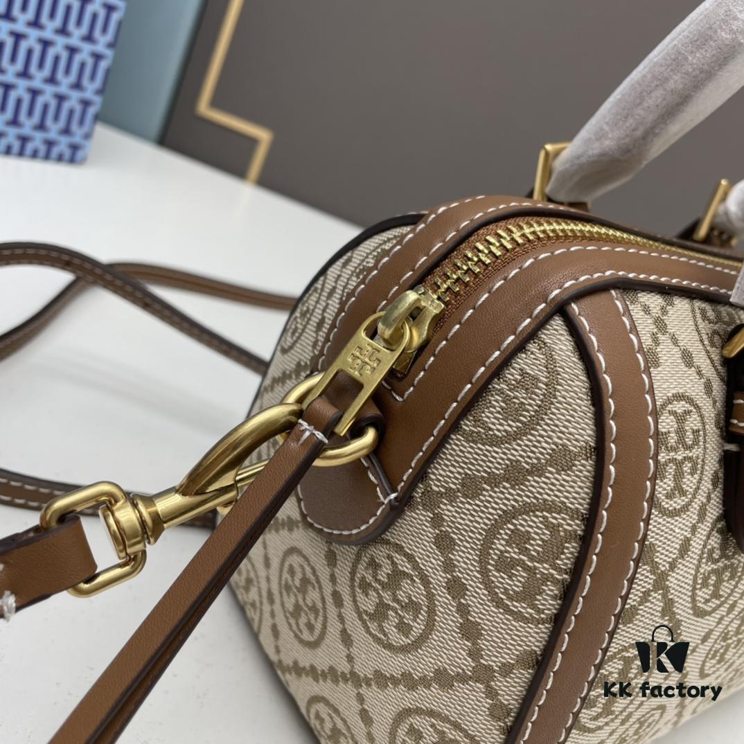Tory Burch T Monogram Mini Jacquard Barrel Bag in Small, Hazel Brown