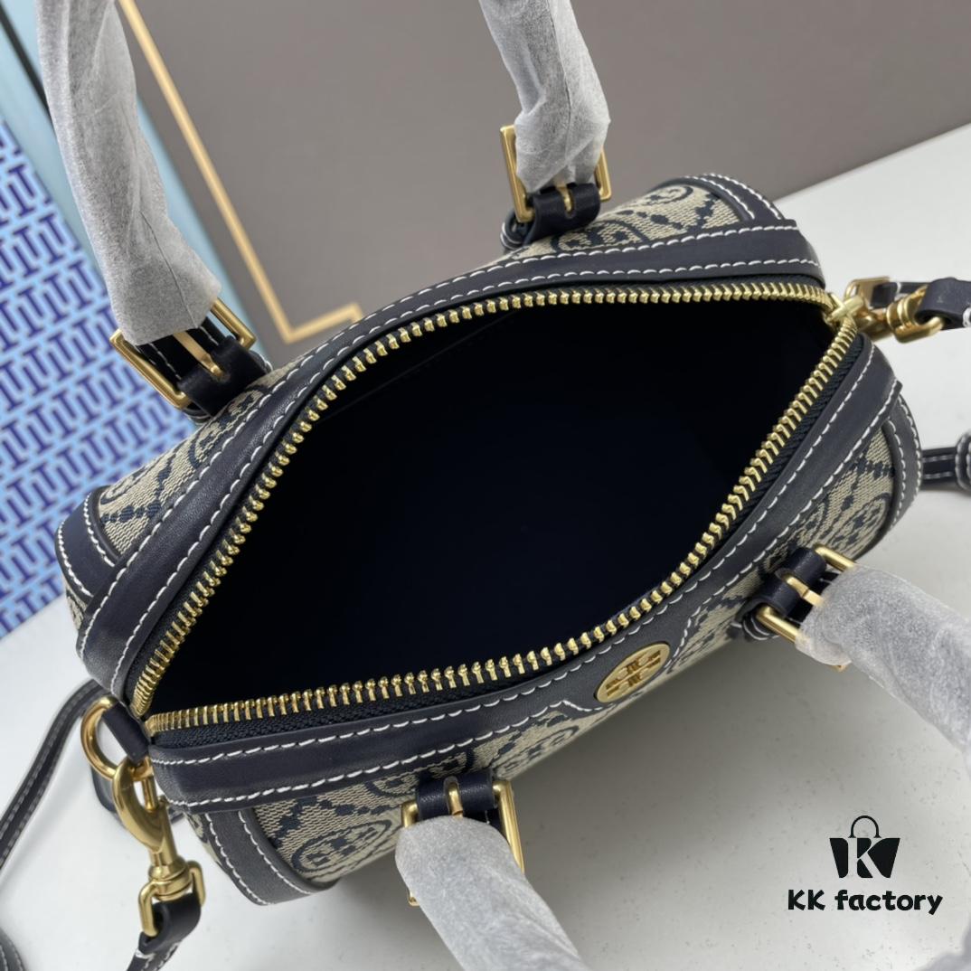 TORY BURCH T Monogram Mini Jacquard Barrel Bag in Hazelnut Brown